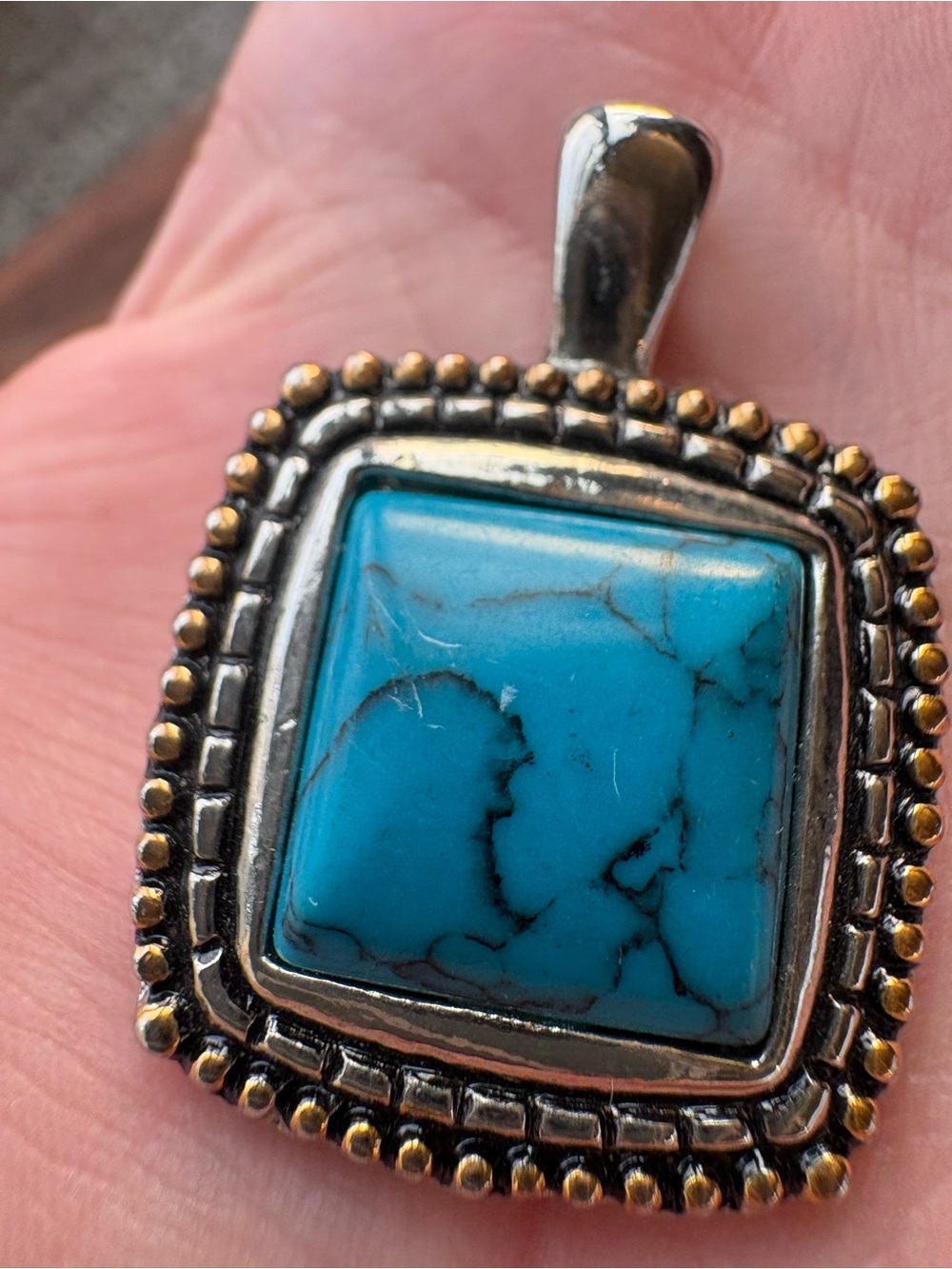 Turquoise Square Statement Pendant in a Silver and Gold Tone Setting - Picture 4 of 7